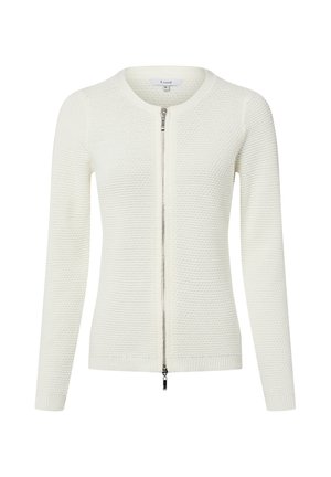 Cardigan blanc en maille à manches longues avec encolure ronde et fermeture éclair argentée à l'avant, taille small, marque Lund.