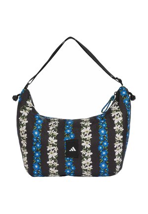 Sac à épaule noir avec des rayures verticales de fleurs bleues et blanches et un petit patch noir avec le logo Adidas au centre.