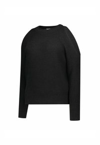 Pull en tricot noir avec un col rond, des manches longues et une texture côtelée. Sa coupe est décontractée avec un ourlet court.
