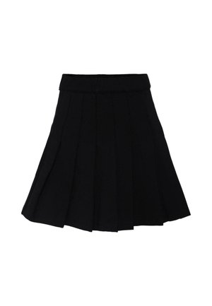 Jupe plissée noire en tissu léger, dotée d'une taille élastique et d'un design évasé, texture lisse et couture minimale.