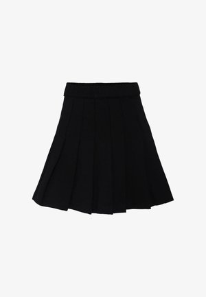 Gonna nera plissettata realizzata in tessuto leggero, con vita elasticizzata e un design svasato, superficie liscia e cuciture minimali.