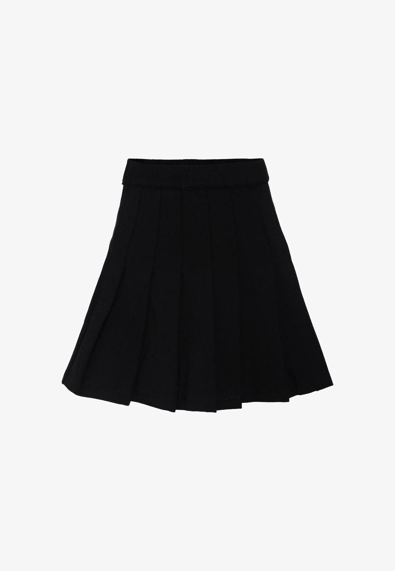 Gonna nera plissettata realizzata in tessuto leggero, con vita elasticizzata e un design svasato, superficie liscia e cuciture minimali.