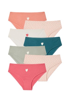 Seven women's hipster panties in coral, cream with hearts, teal, gray, and pink shades, some solid and some with small heart patterns.