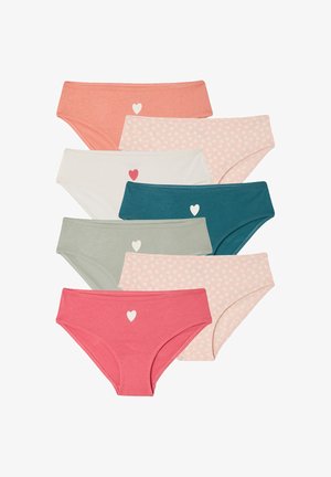 Seven women's hipster panties in coral, cream with hearts, teal, gray, and pink shades, some solid and some with small heart patterns.