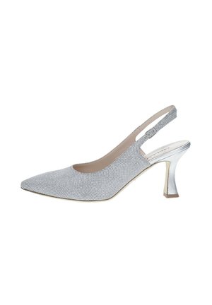 Pantofole slingback argento con punta affusolata, tomaia testurizzata e tacco metallico con un leggero dettaglio a intaglio.