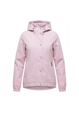 Lichtroze gewatteerd jack met capuchon, drukknopen, elastische manchetten, zakken aan de voorkant en een klein logo op de borst en mouw.