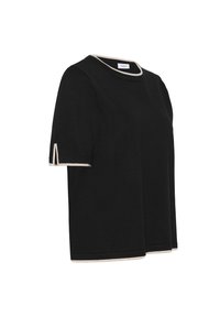 Melna īsām piedurknēm krekliņš ar apaļu kakla izgriezumu, kas ir apdarināts ar kontrastējošu bēša krāsas apdari kakla un piedurkņu malās. Tekstūrēta auduma.