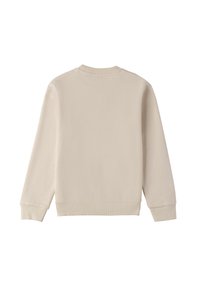 Sudadera beige de manga larga con puños acanalados. Textura suave, cuello redondo y diseño sencillo sin patrones ni logotipos.