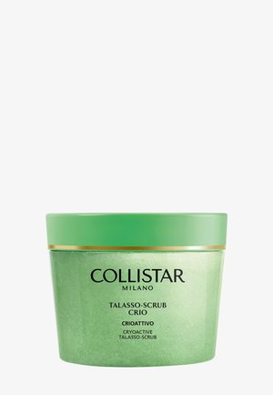 Grünes Glasgefäß von Collistar Milano Talasso-Scrub Crio mit passendem Deckel und goldener Verzierung auf weißem Hintergrund.