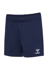 Marina blå sportshorts med elastisk midja, tillverkade av mjukt tyg. Innehåller en vit logotyp på nedre vänstra sidan.