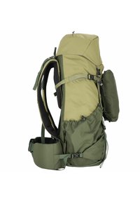 Zaino da trekking grande verde e oliva con spallacci imbottiti, molteplici scomparti, tasche laterali e cintura in vita regolabile.