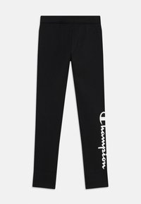 Zwarte leggings gemaakt van rekbare stof, met een elastische tailleband en een witte "Champion" logo gedrukt op het linkerpoot.