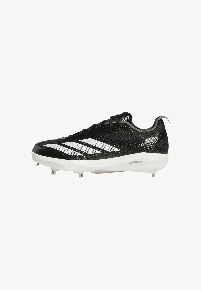 Black and white athletic cleat with a mesh upper, featuring three white stripes, a white sole, and screw-in studs for traction.