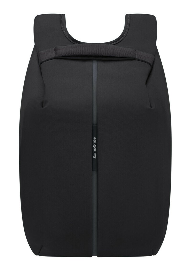Zaino nero con un design elegante e minimalista; realizzato in tessuto resistente; presenta una cerniera centrale e un manico superiore imbottito per il trasporto.