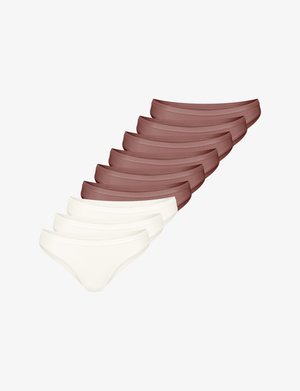 Ensemble de neuf paires de culottes : cinq en marron foncé et quatre en crème. Fabriquées en tissu doux, avec un design sans coutures et une ceinture confortable.