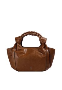 Braune Lederhandtasche mit geflochtenen doppelten Griffen und kleinem Totenkopf- und gekreuzte Knochen-Symbol in der Mitte auf der Vorderseite.