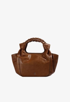 Brown leather handbag with braided double handles and small skull and crossbones emblem on front center.