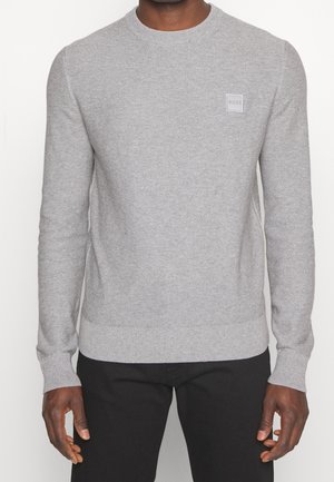 Mann trägt einen hellgrauen, langärmligen Strickpullover mit kleinem "BOSS"-Logo auf der Brust, kombiniert mit schwarzen Hosen, stehend vor weißem Hintergrund.