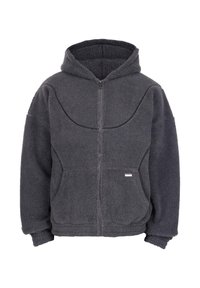 Felpa sherpa grigio scuro con zip frontale completa, tasche a marsupio e dettagli di cucitura sottili sul petto e sulle spalle.