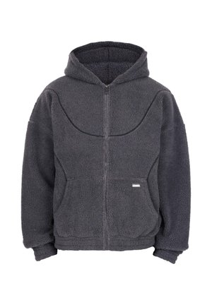 Ciemnoszara bluza z sherpy z pełnym suwakiem z przodu, kieszeniami typu kangur oraz subtelnymi szwami na klatce piersiowej i ramionach.