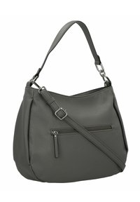 Borsa hobo in pelle grigia con finitura testurizzata, una tracolla singola, una tracolla regolabile e una tasca frontale con zip.