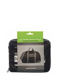 Folding travel bag in black fabric with gray accents; features a front pocket and zip closure; compact for easy storage.