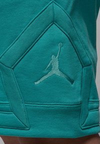 Teal basketballshorts har tekstureret stof, et trekantet design nær kanten og et lysblåt Jumpman-logo broderet på siden.