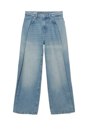 Svetlomodré džínsy s širokými nohavicami, s vysokým pásom, predným zapínaním na gombíky, zipsom a jemným vyblednutím na stehnách a kolenách.