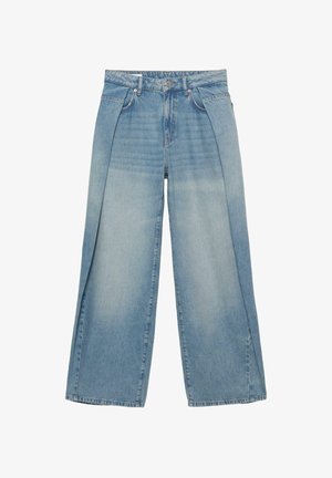 Lyseblå jeans med vide ben og høj talje, foran med knap, lynlåslukning og diskrete falmede detaljer på lår og knæ.