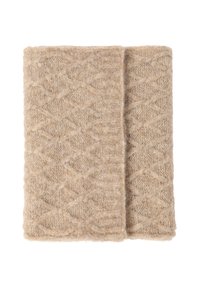 Beige knitted blanket with a textured diamond pattern, made from soft material, featuring a folded edge for added detail.