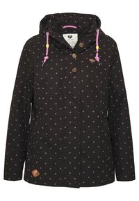 Czarna kurtka przeciwdeszczowa z drobnym różowym kwiatowym wzorem, z guzikami, regulowanymi różowymi troczkami oraz naszywką z logo z przodu.