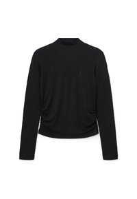 Top nero a maniche lunghe con collo alto, caratterizzato da una texture arricciata sui lati e un design aderente. Realizzato in morbido tessuto a costine.