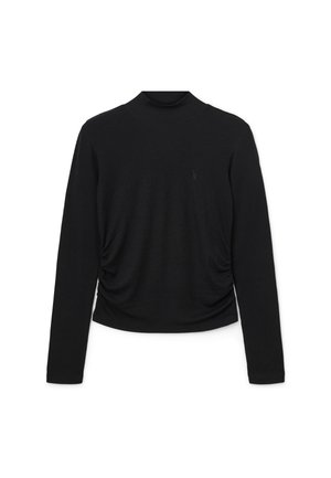 Czarny, długi rękaw bluzka z półgolfem, z marszczonym wzorem po bokach i dopasowanym krojem. Wykonana z miękkiego, prążkowanego materiału.