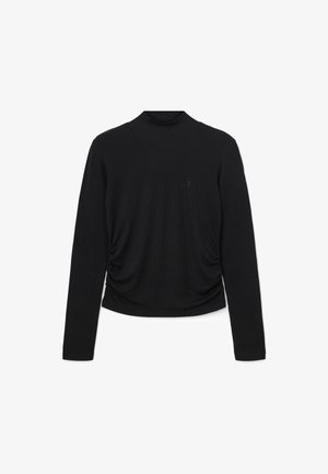 Czarny, długi rękaw bluzka z półgolfem, z marszczonym wzorem po bokach i dopasowanym krojem. Wykonana z miękkiego, prążkowanego materiału.