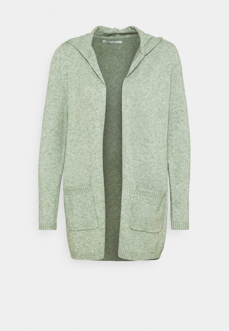 Cardigan en maille vert clair à devant ouvert, manches longues, capuche, poches plaquées à l'avant, poignets et ourlet côtelés.