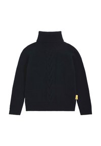 Maglione lavorato a maglia di un blu navy scuro con colletto alto, caratterizzato da un motivo a trecce sul davanti e polsini e orlo a coste. Piccola etichetta gialla sul lato.
