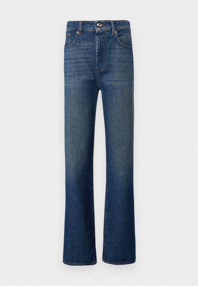 Denim jeans in dark blue, featuring a high waist and flared legs. Smooth texture with subtle fading, five pockets, and metal button closure.