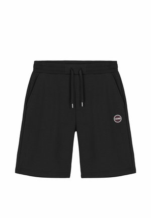 Pantalones cortos casuales negros con cintura elástica y cordón, bolsillos laterales y un pequeño logo redondo de Colmar en la pierna derecha.