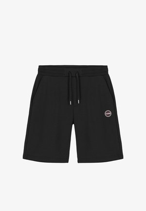 Fekete, alkalmi rövidnadrág elasztikus derékpánttal és húzózsinórral, oldalzsebekkel, valamint a jobb lábon kis kerek Colmar logóval.