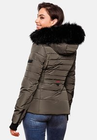 Olive green puffer jacket with a black faux fur collar, ribbed cuffs, and horizontal stitching. Features a fitted silhouette and brand logo.