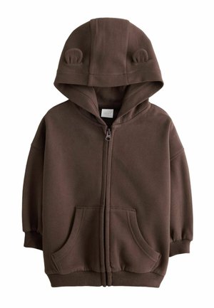 Brown zip-up hooded jacket with two front pockets and small fabric ears on the hood, designed for children.