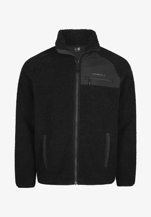 Schwarze Fleecejacke mit durchgehendem Reißverschluss, hohem Kragen, Brusttasche mit Reißverschluss auf der rechten Seite und Seitentaschen, mit O'Neill-Logo auf der Brust.