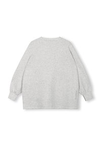Maglione grigio chiaro con maniche lunghe e leggermente a sbuffo. Presenta un collo rotondo e una linea dritta. Tessuto morbido e strutturato senza motivi visibili.