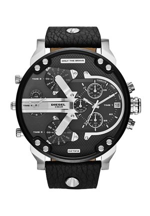 Herre Diesel sort analogt ur med flere tidszoner, sort læderrem, sølv accenter og datovisning kl. 3.