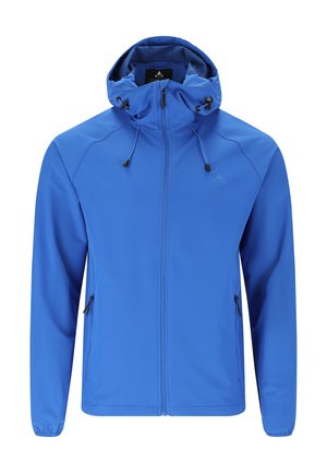 Blauwe jas met capuchon, volledige ritssluiting aan de voorkant, trekkoorden aan de capuchon, twee met rits afsluitbare zijzakken en elastische manchetten aan de mouwen.