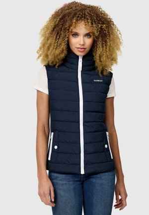 Navy blue sleeveless puffer vest with a front zipper, white accents, and two zippered pockets. Textured quilted design with a high collar.