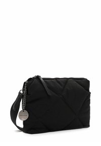 Black quilted pouch with a rectangular shape, featuring a zip closure, textured fabric, and a chain-accented handle. Logo tag attached.