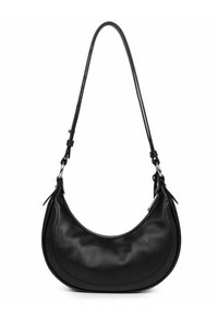 Borsa a spalla in pelle nera a forma di mezzaluna, con tracolla intrecciata, chiusura con zip e dettagli di cucitura sottili. Texture liscia, hardware minimale.