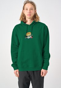 Green hoodie made of cotton, featuring a front pocket, drawstring hood, and a graphic of a burger with the word "Super" in blue.