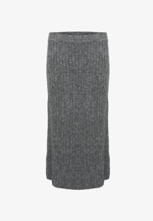 Grå ribbad trikåkjol med en figursydd midja och en lång, rak silhuett. Tillverkad av mjukt, strukturerat material för komfort och värme.